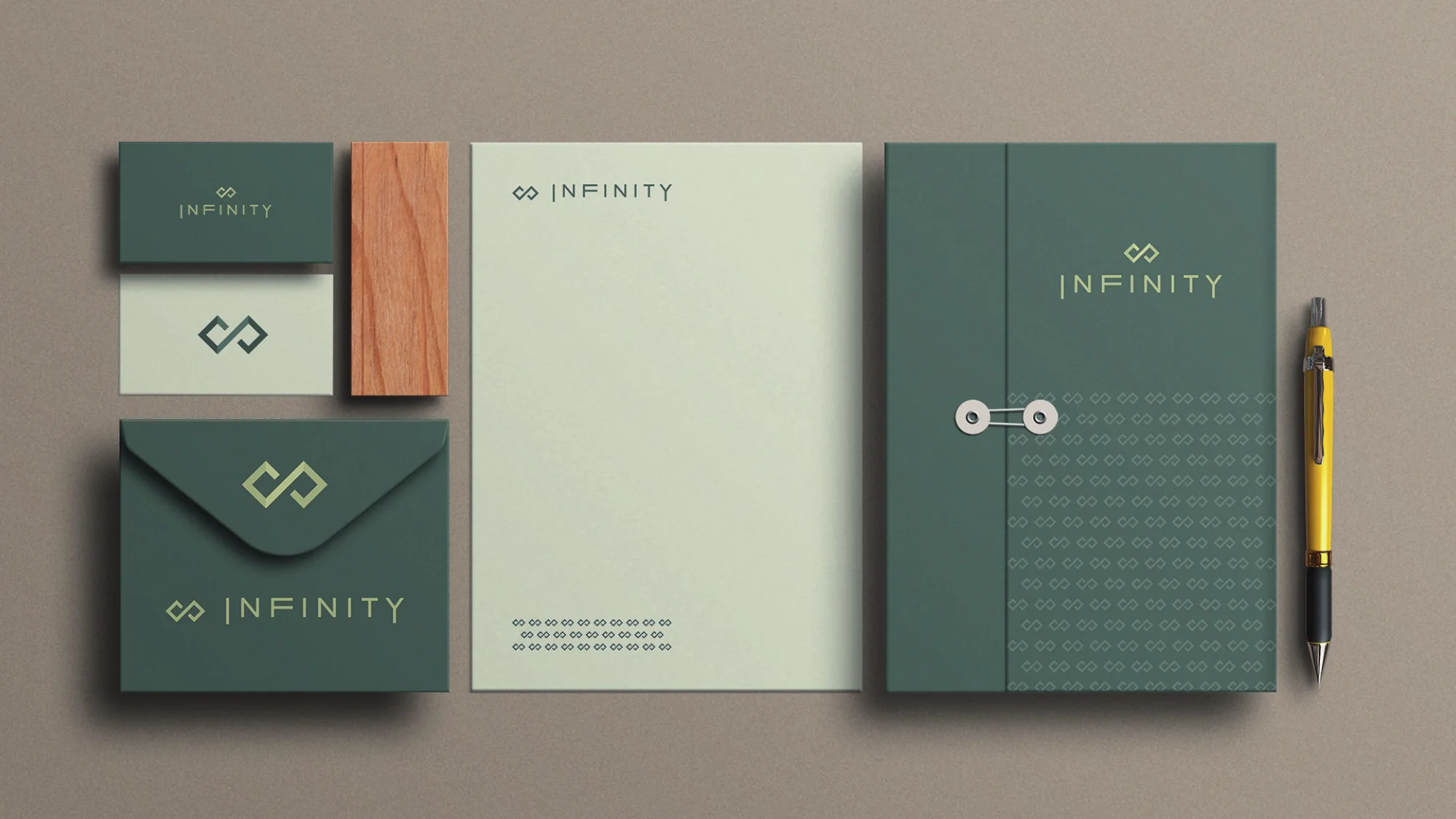 Papelaria da Infinity: cartões, envelope, papel timbrado e pasta
